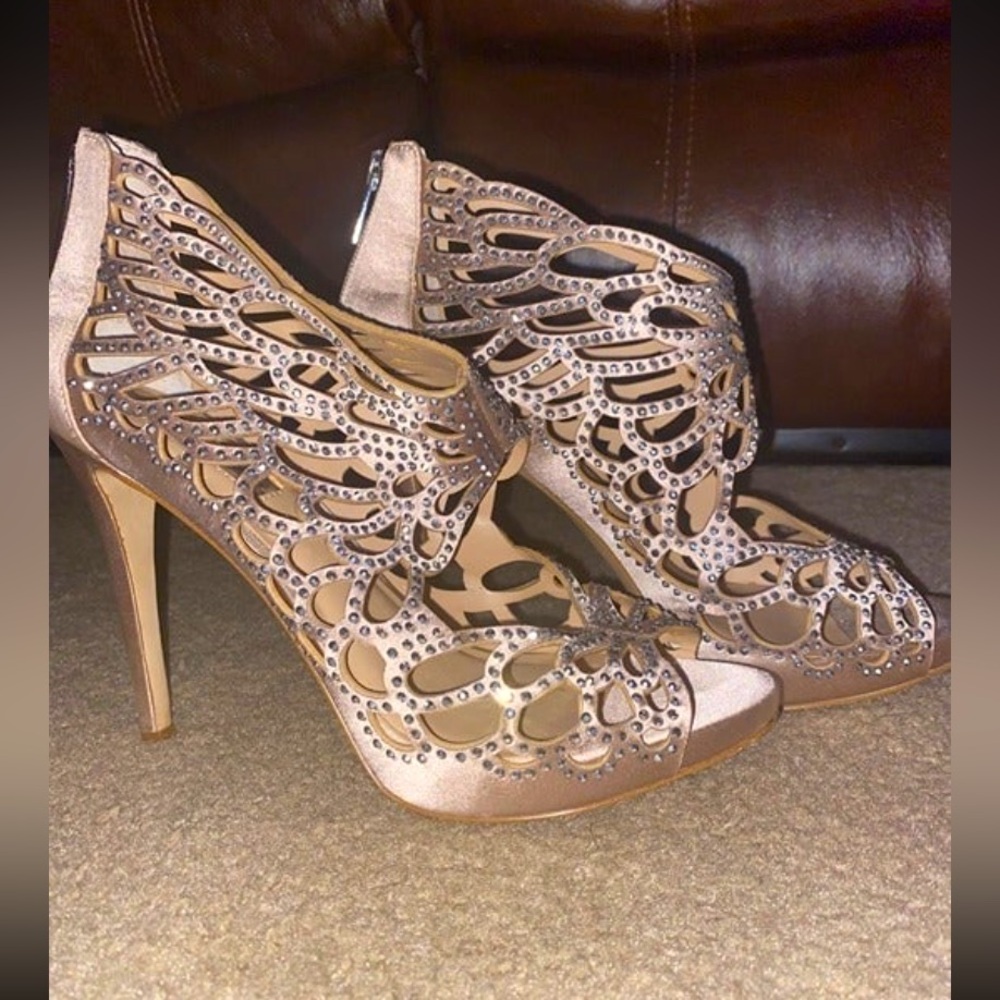 INC Crème and Silver Rhinestone High Heels
